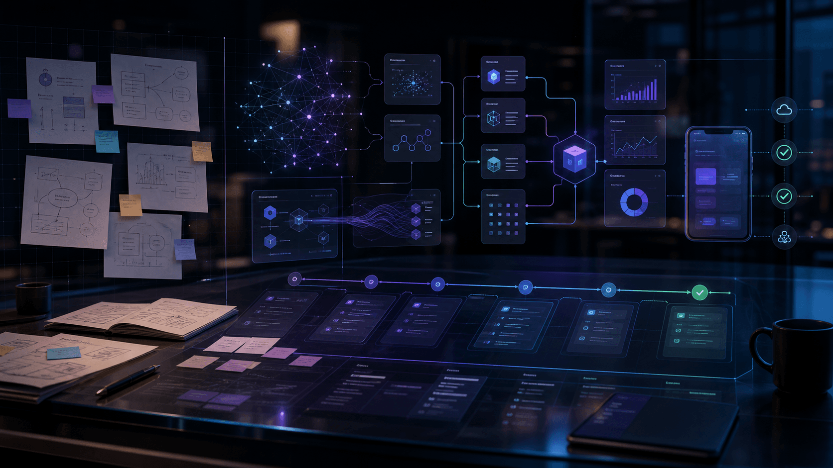 Abstract AI product roadmap moving from concept sketches to production modules