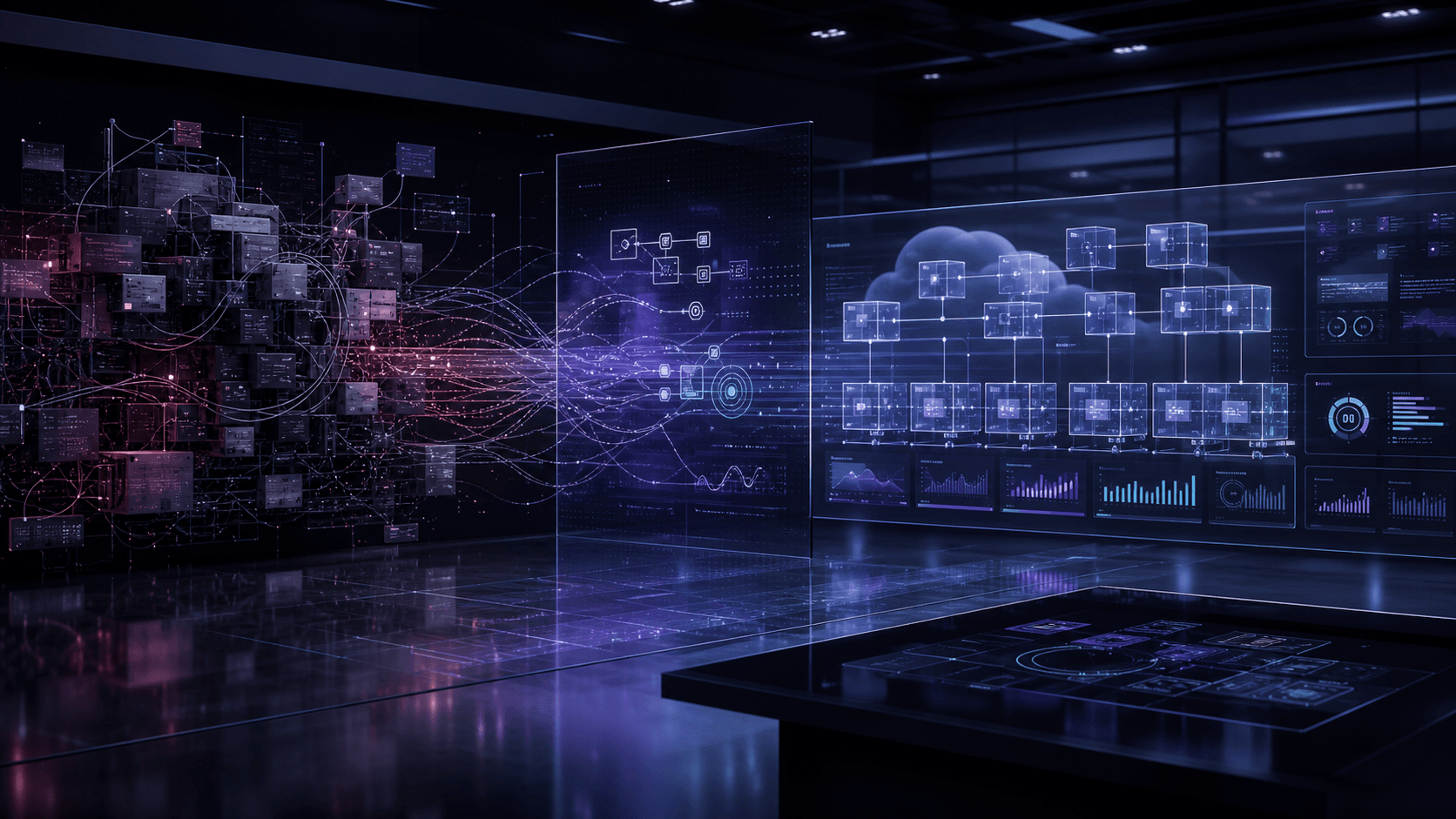 Abstract cloud architecture transforming from tangled legacy systems into a resilient platform grid