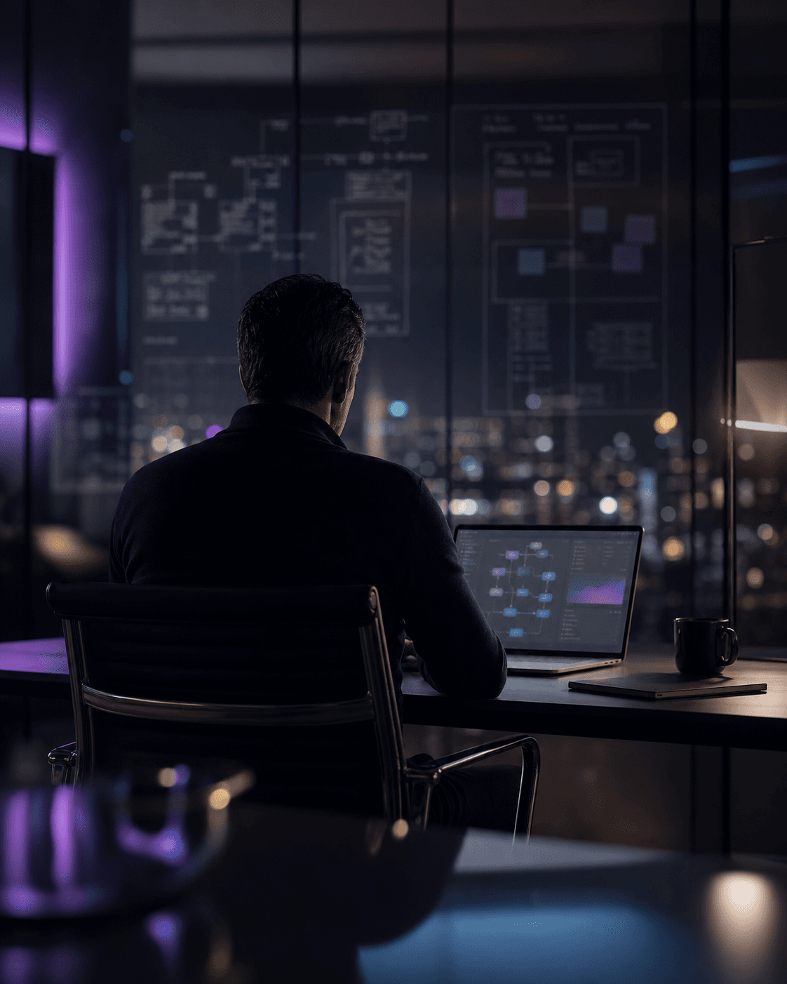 Anonymous technology leader reviewing architecture diagrams in a dark workspace