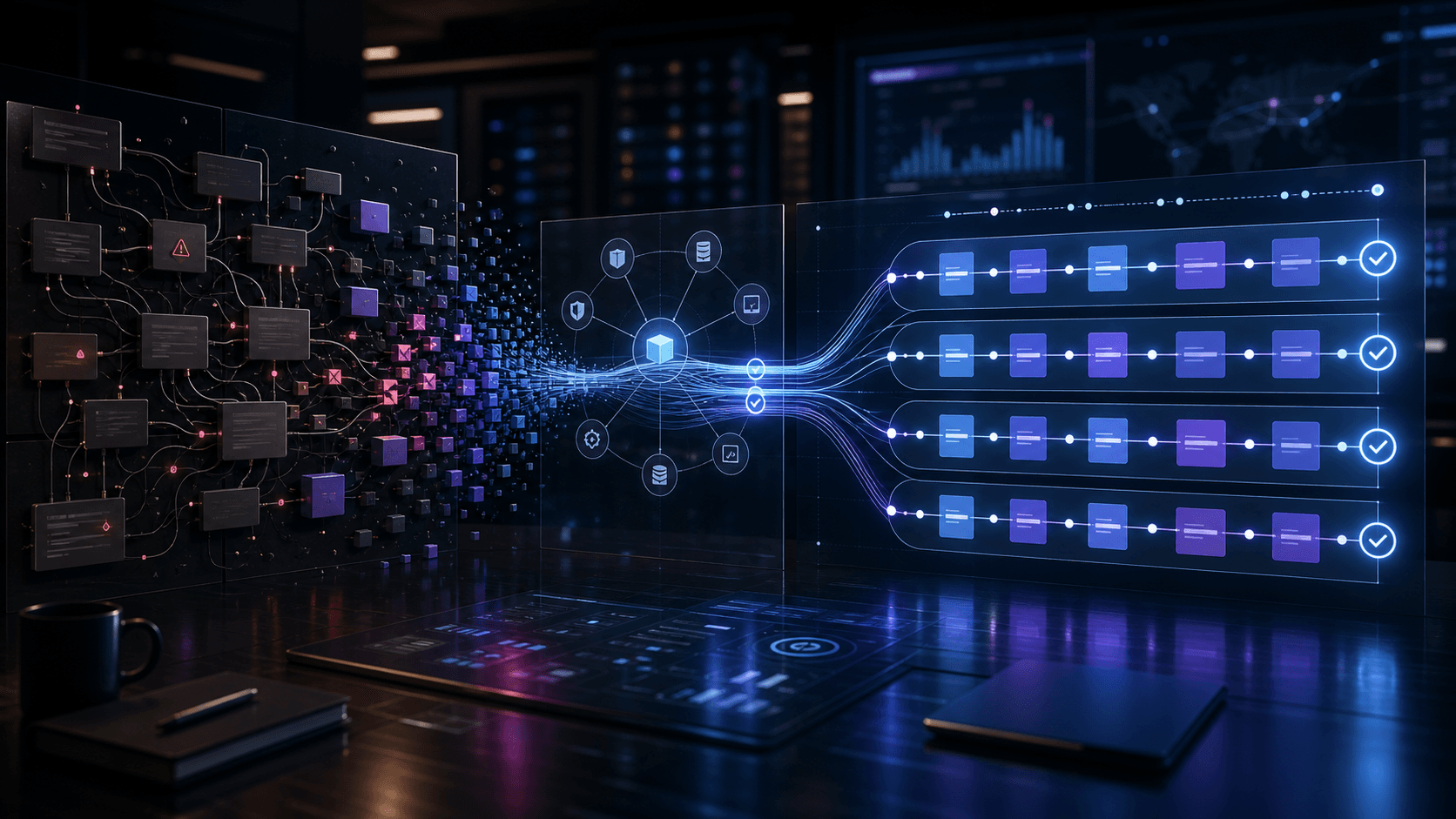 Abstract release pipeline moving from legacy complexity to clean weekly shipping lanes