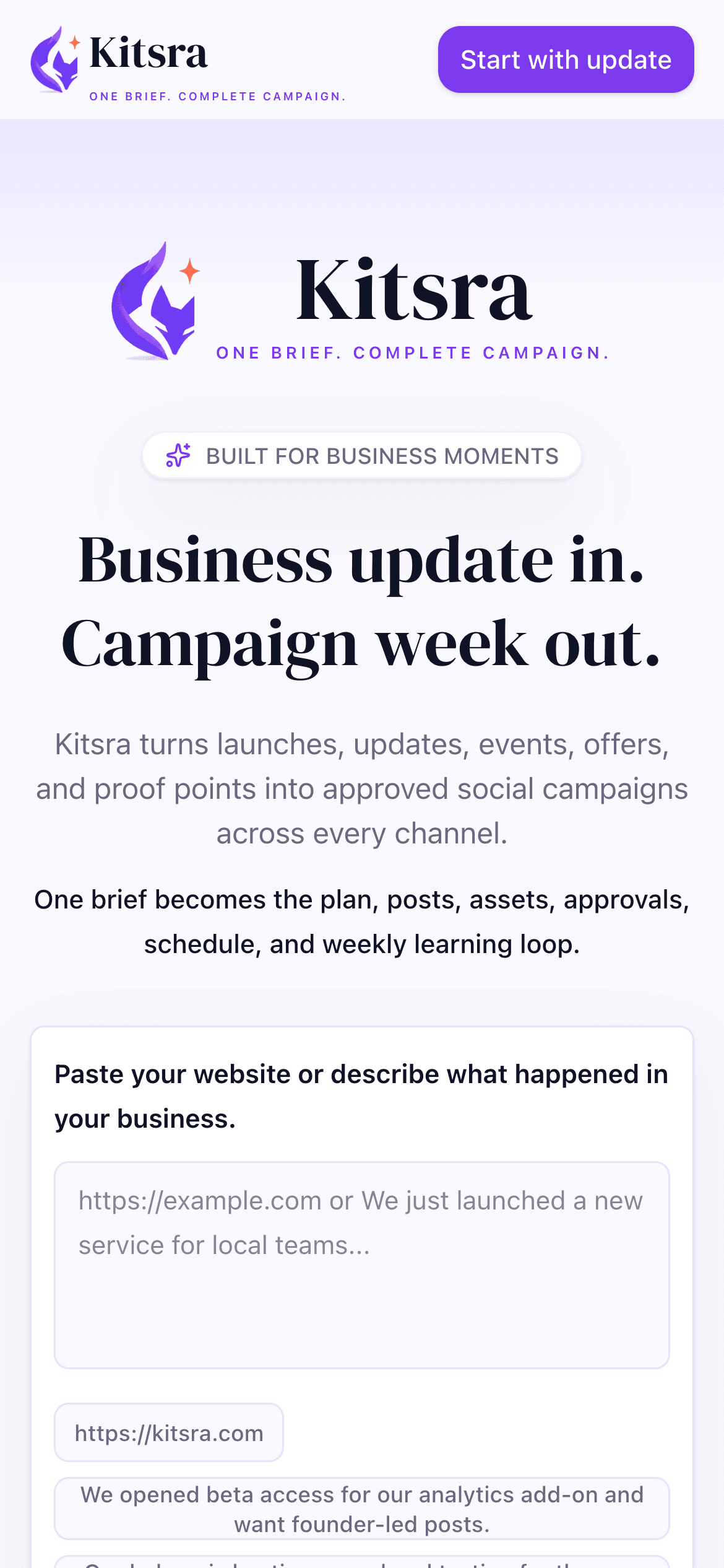 Kitsra mobile landing page for turning a business update into a campaign week
