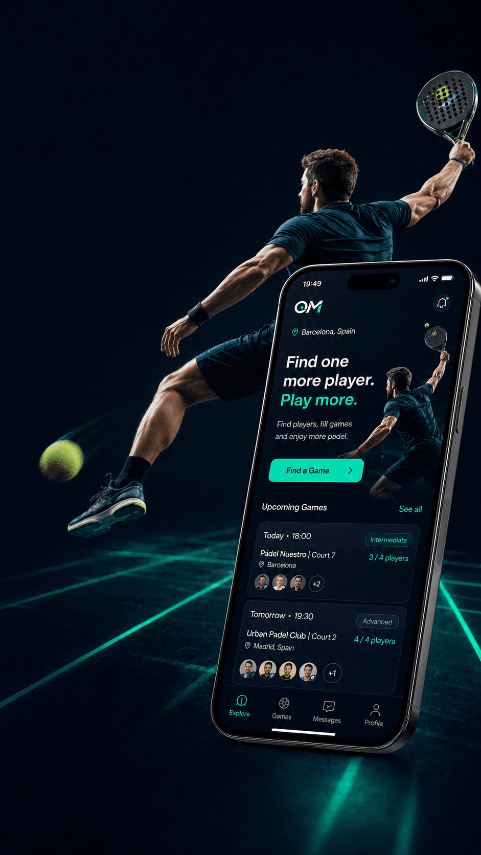 OM Player mobile app preview for finding one more padel player